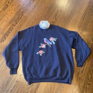 VTG 80s 90s Turtleneck Sweatshirt‎ Navy Bird Flower Appliqué XL Cottage Core
